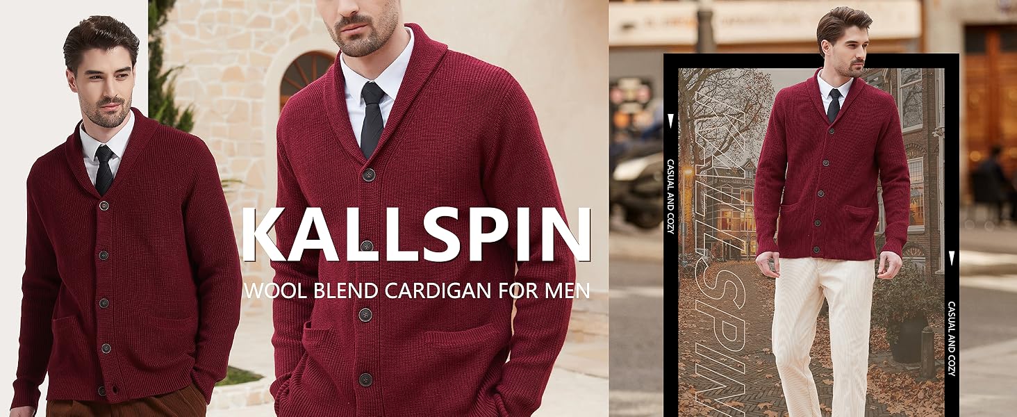Kallspin Men's Wool Blend Shawl Collar Cardigan Sweater