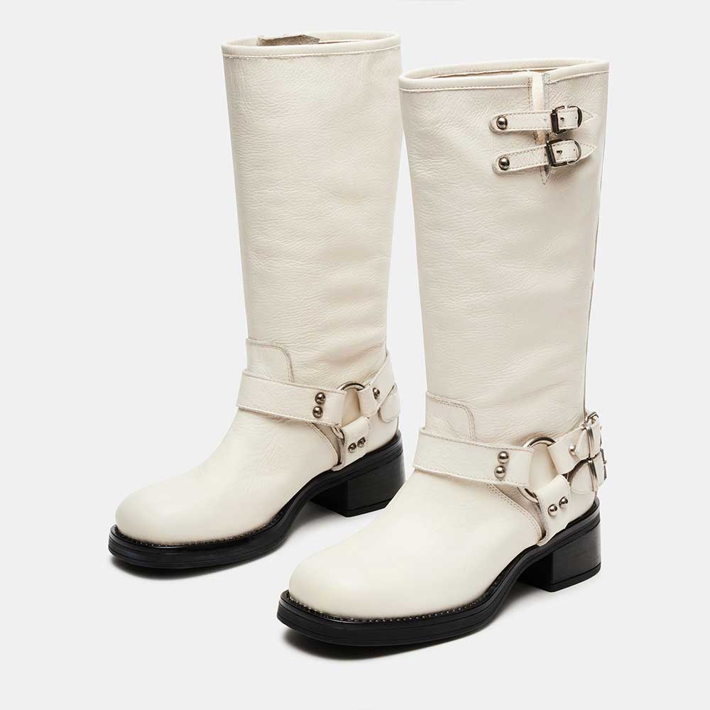 White Vegan Leather Round Toe Buckle Strap Mid-Calf Moto Boots Nicepairs