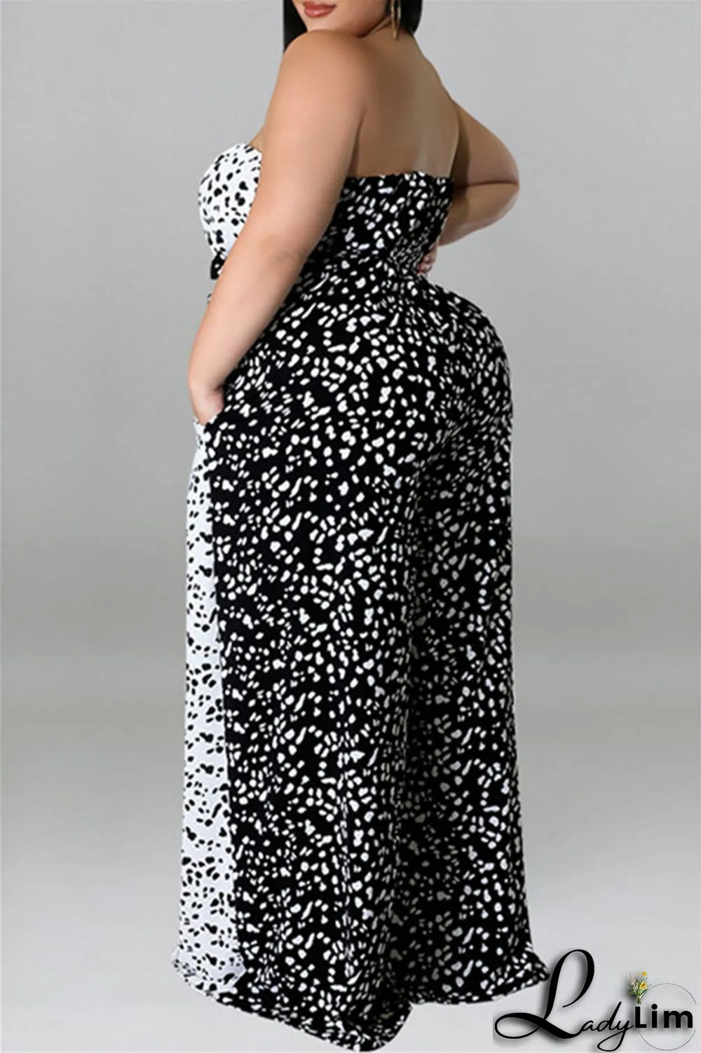 Purple Fashion Casual Print Split Joint Backless With Belt Strapless Plus Size Jumpsuits