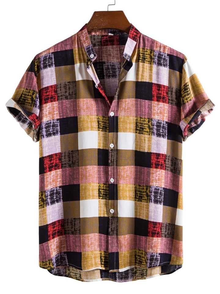 Men's Shirt Graphic Shirt Lattice Turndown Yellow Red Blue Purple Green Print Outdoor Street Short Sleeve Patchwork Button-Down Clothing Apparel Fashion Designer Casual Breathable | 168DEAL