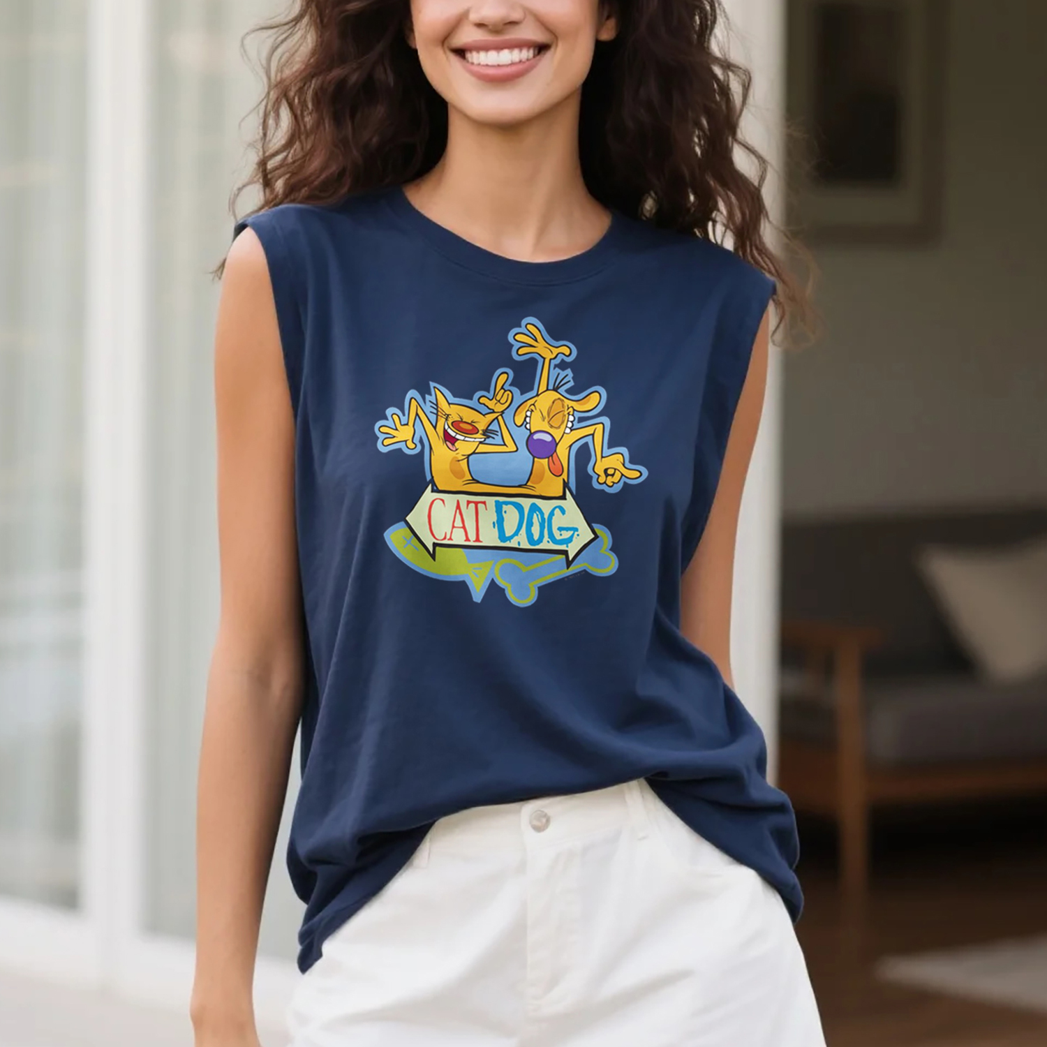 Unisex Home Leisure Loose And Comfortable Round Neck Cotton Sleeveless T-shirt CAT DOG Printed Top