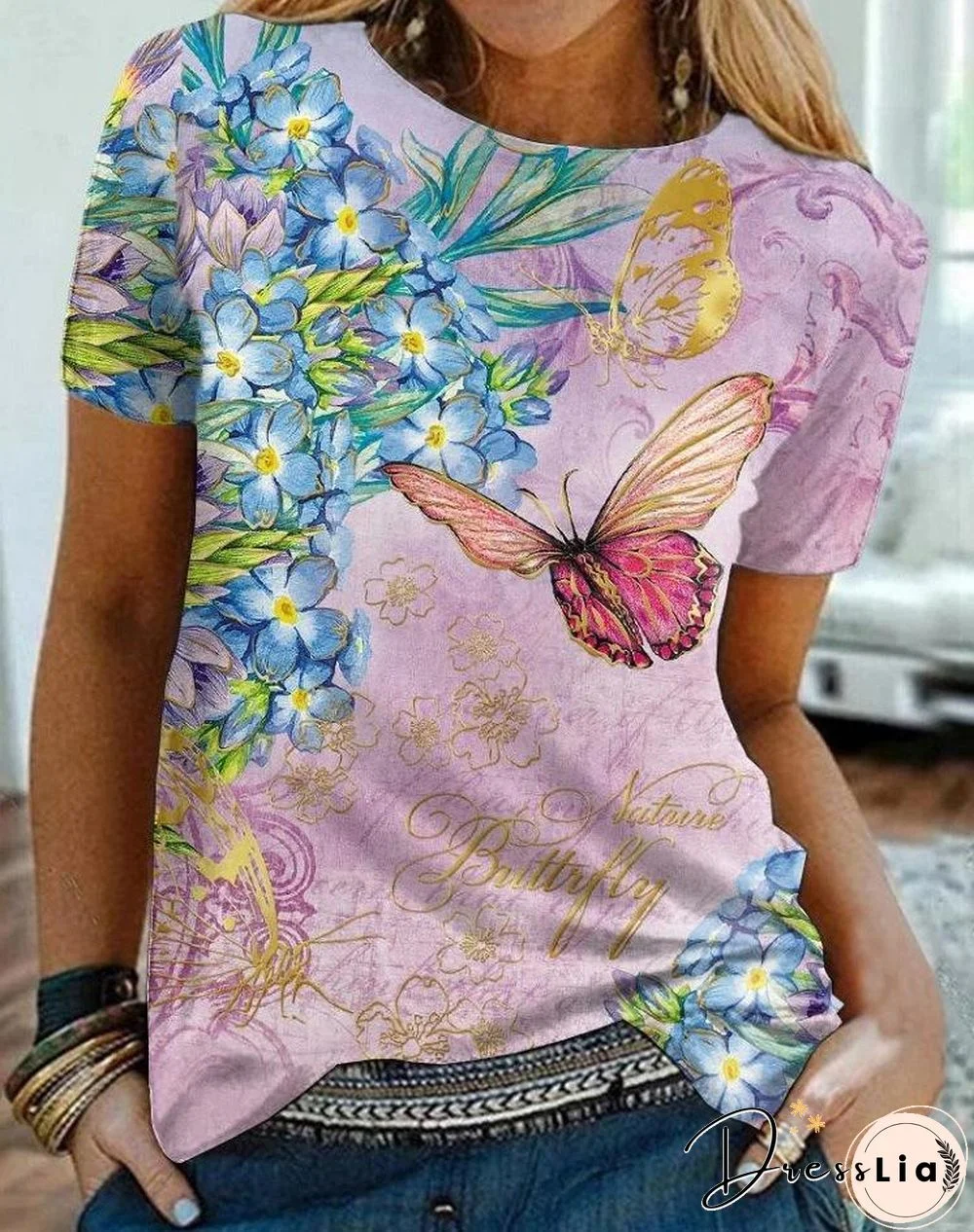 Pink Butterfly And Flower Printed Shirt