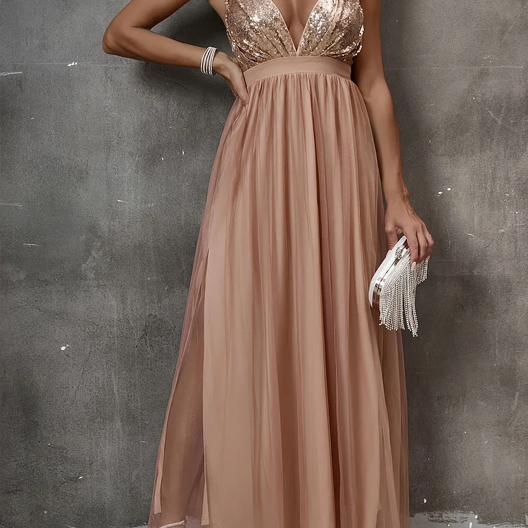 Contrast Sequin Split Thigh Dress, Sexy Plunging Backless Party Dress, Women's Clothing