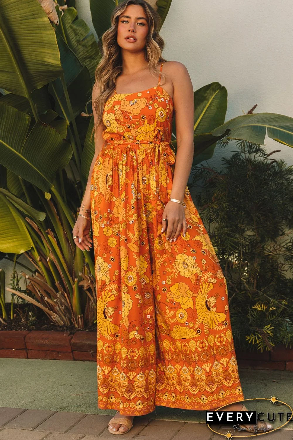 Orange Floral Wide Leg Sleeveless Jumpsuit