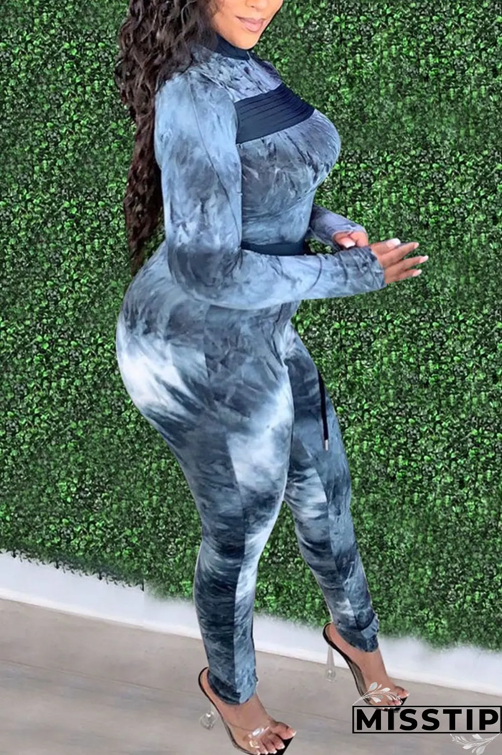 Blue Work Daily Print O Neck Long Sleeve Two Pieces