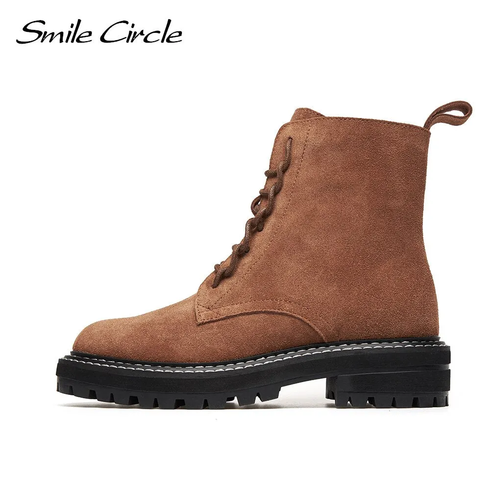 Smile Circle Ankle Boots Women Autumn Cow suede Platform Martin Boots Round toe Lace-up Chunky Side zipper Motorcycle Boots