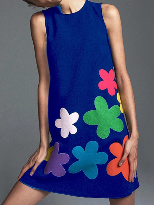 Zipper Flower Print Sleeveless Loose Round-Neck Mini Dresses