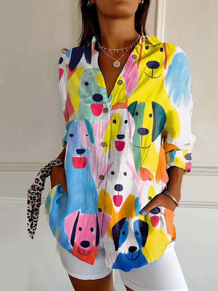 Colorful Cute Cartoon Dog Print Casual Long Sleeve Shirt