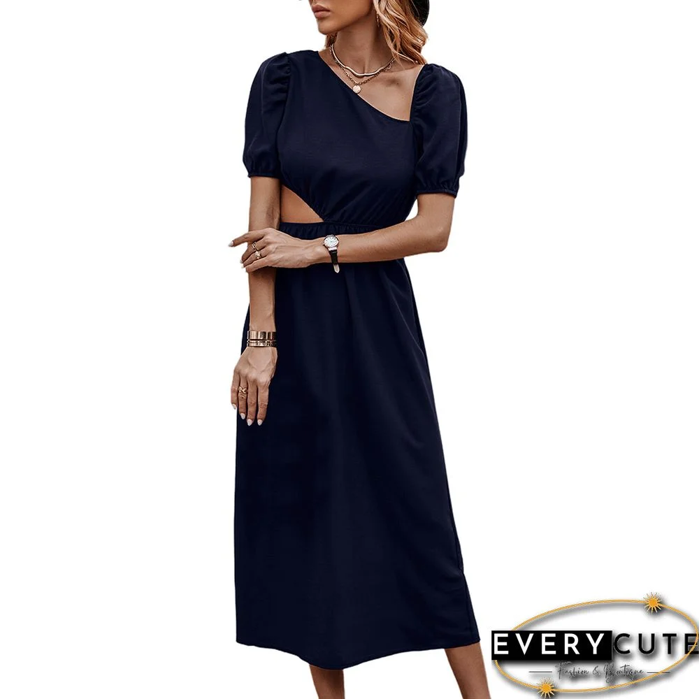 Navy Blue Solid Cut-out Swing Casual Dress