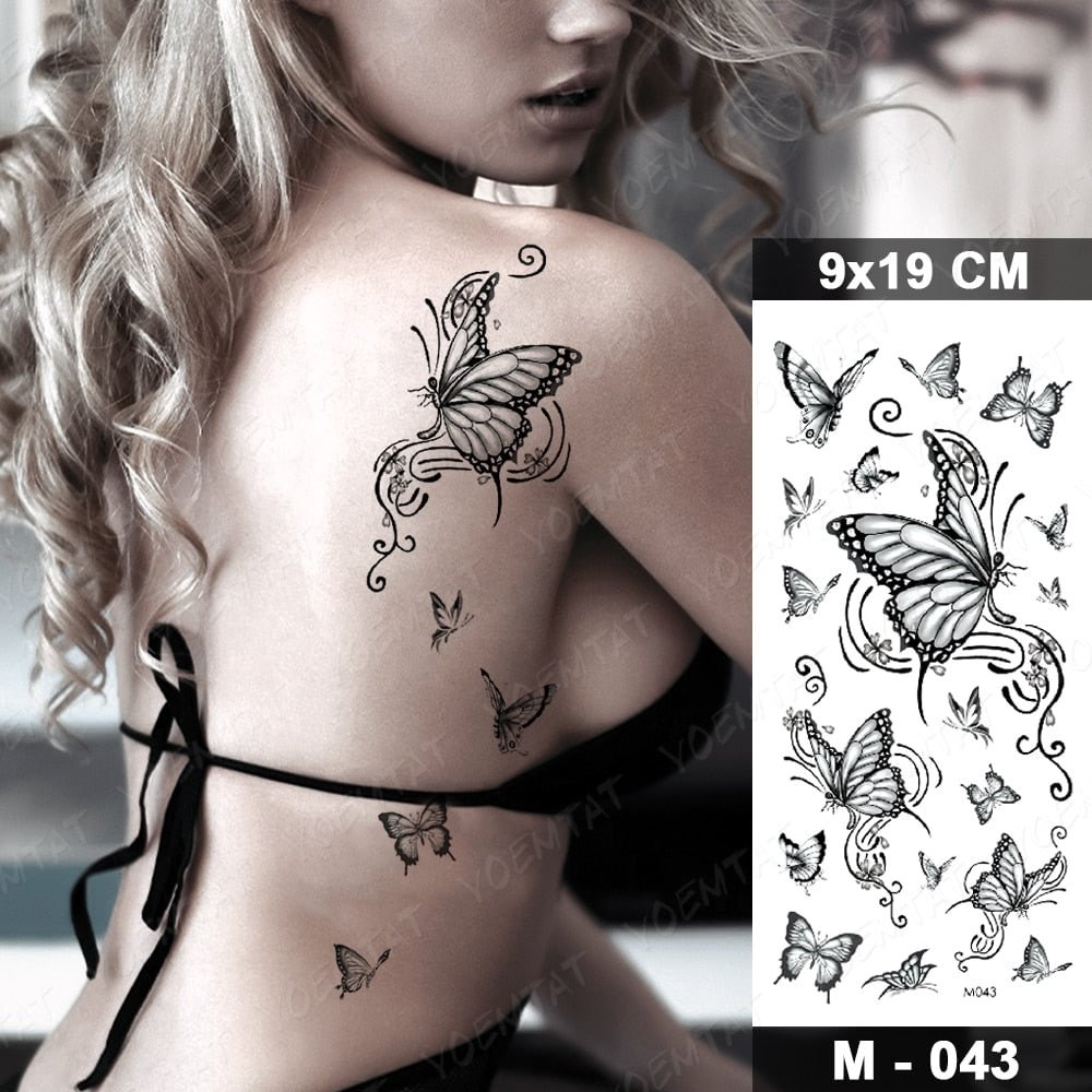 Waterproof Temporary Tattoo Sticker Dark Butterfly Sexy Woman Back Waist Flash Tatoo Girl Body Art Fake Tatto 3D Realistic Man