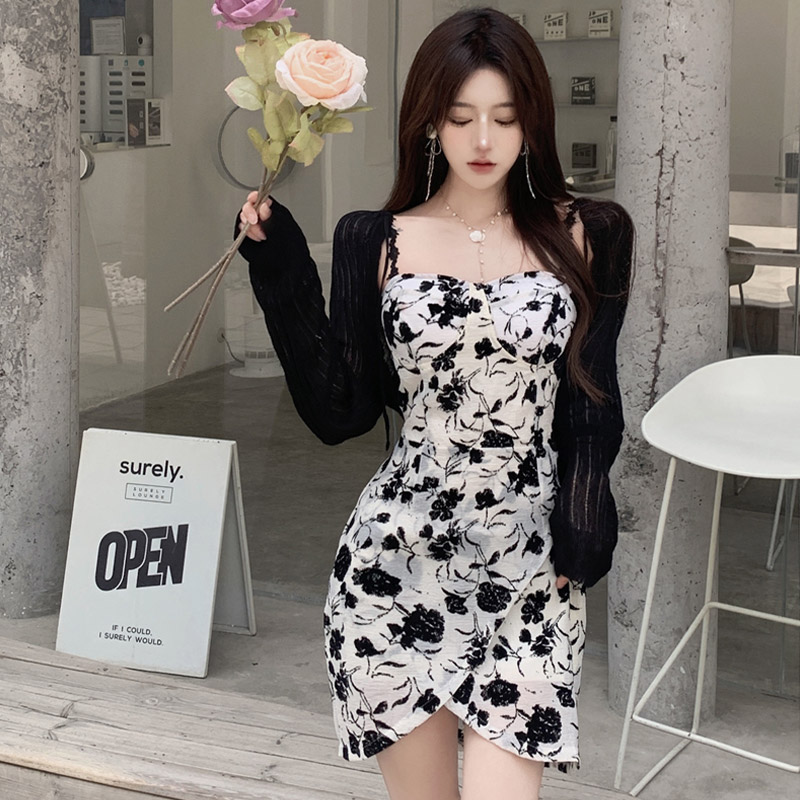 Floral Print Slip Dress Lace Up Cardigan Two Pieces