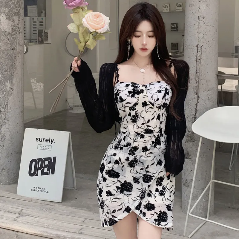 Floral Print Slip Dress Lace Up Cardigan Two Pieces