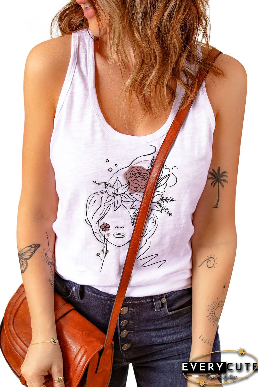 White Casual Portrait Graffiti Print Graphit Tank Top