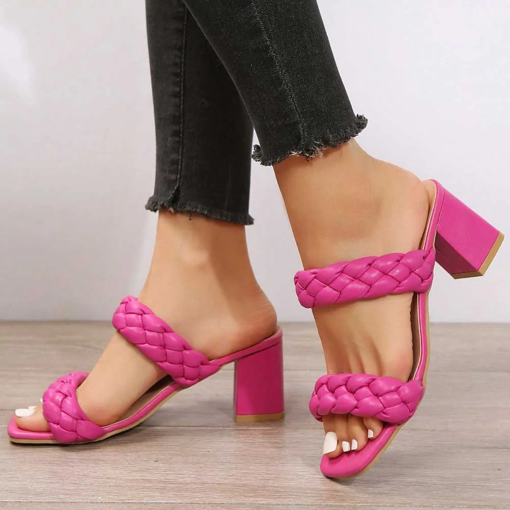 Stylish Pink Open Toe Double Braided Strap Block Heel Mules for Women Nicepairs