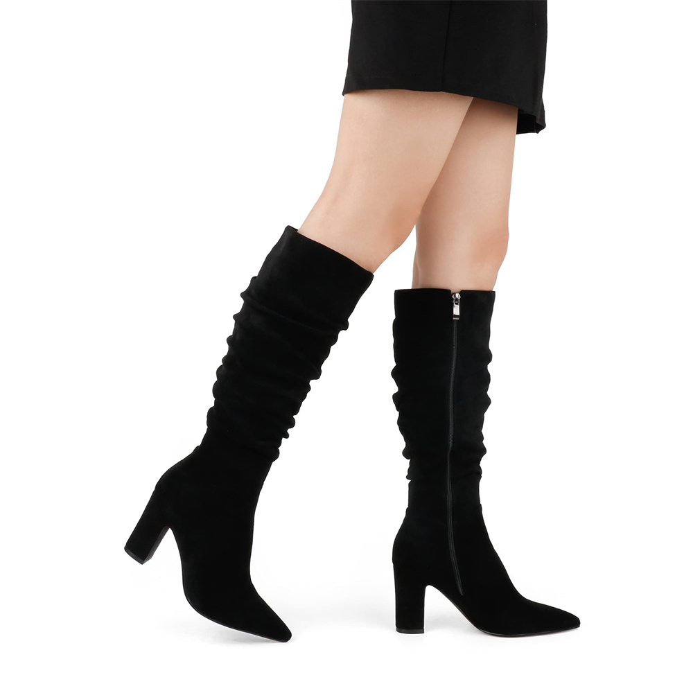 3.35" Women's Knee Boots Chunky Heels Zipper Fashion Sexy Suede Slouchy Boot-MERUMOTE