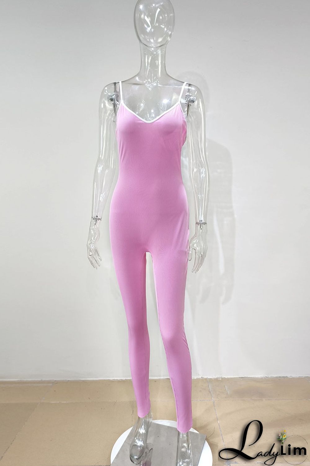 Pink Casual Sportswear Solid Patchwork Spaghetti Strap Skinny Jumpsuits