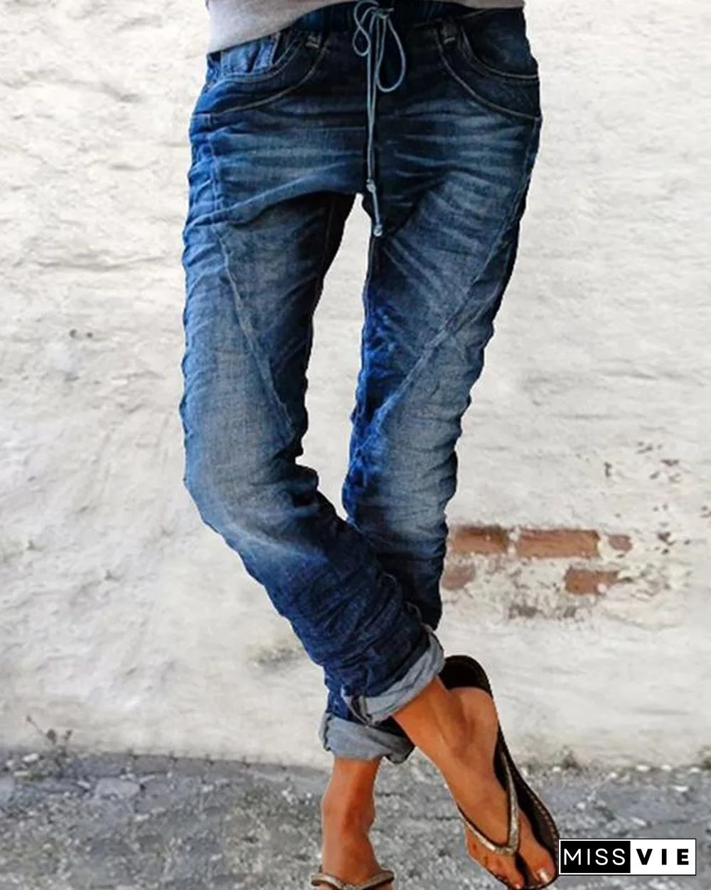 Casual Vintage Drawstring Denim Trousers