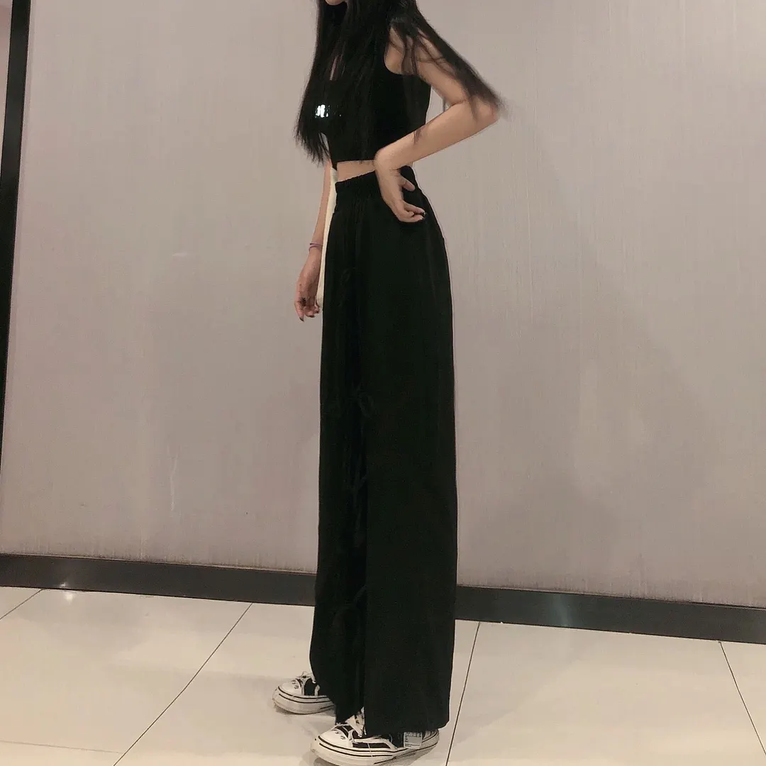 Casual Pants Women Wide Leg Loose Drape Lace Up Designed Mopping Leisure Slit Streetwear Female Autumn Korean Style Casual Chic