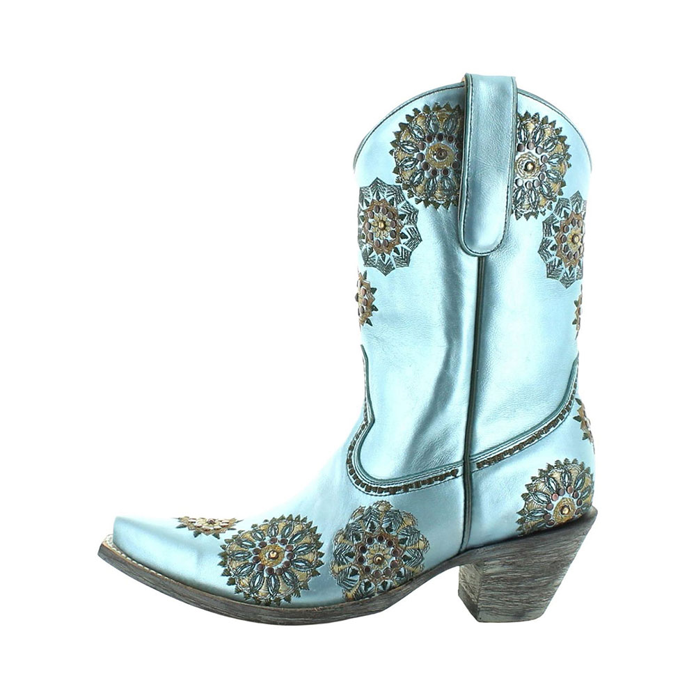 Light Blue Geometric Embroidered Studded Mid-Calf Cowgirl Boots