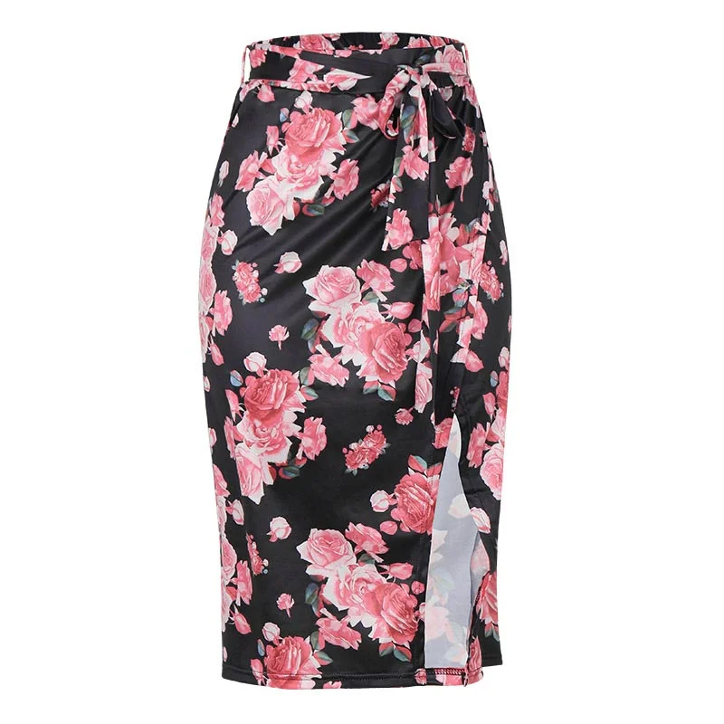 Gentillove Woman Skirts Vintage Floral Print Floral Midi Skirts Summer High Waist Lace Up Wrap Casual Split Slit Long Skirt Girl