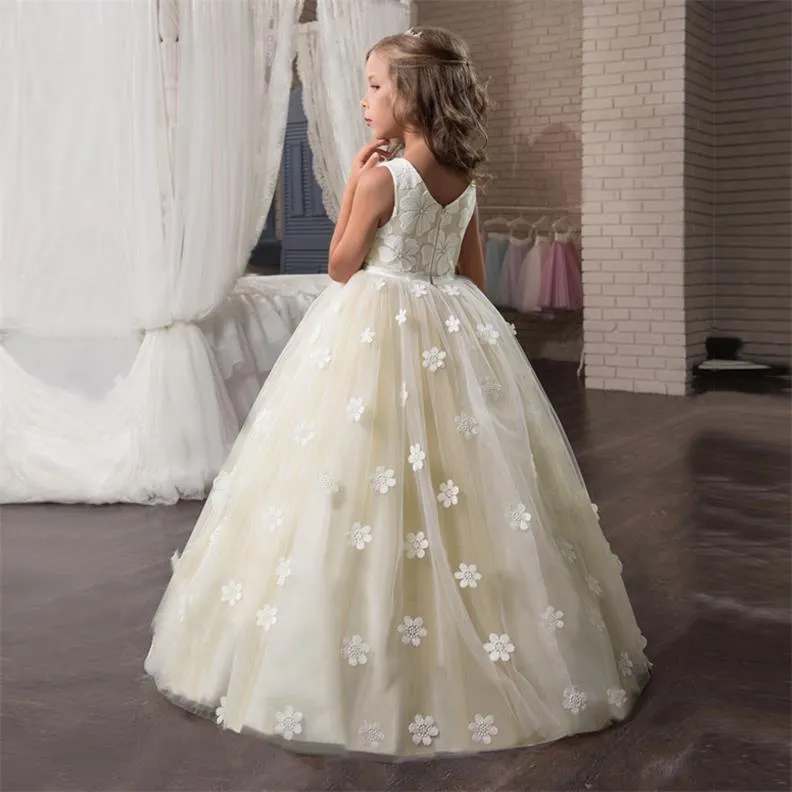 Fancy Flower Long Prom Gowns Teenagers Kids Dresses For Girls Children Party Dress Princess Bridesmaid Wedding Formal Costume