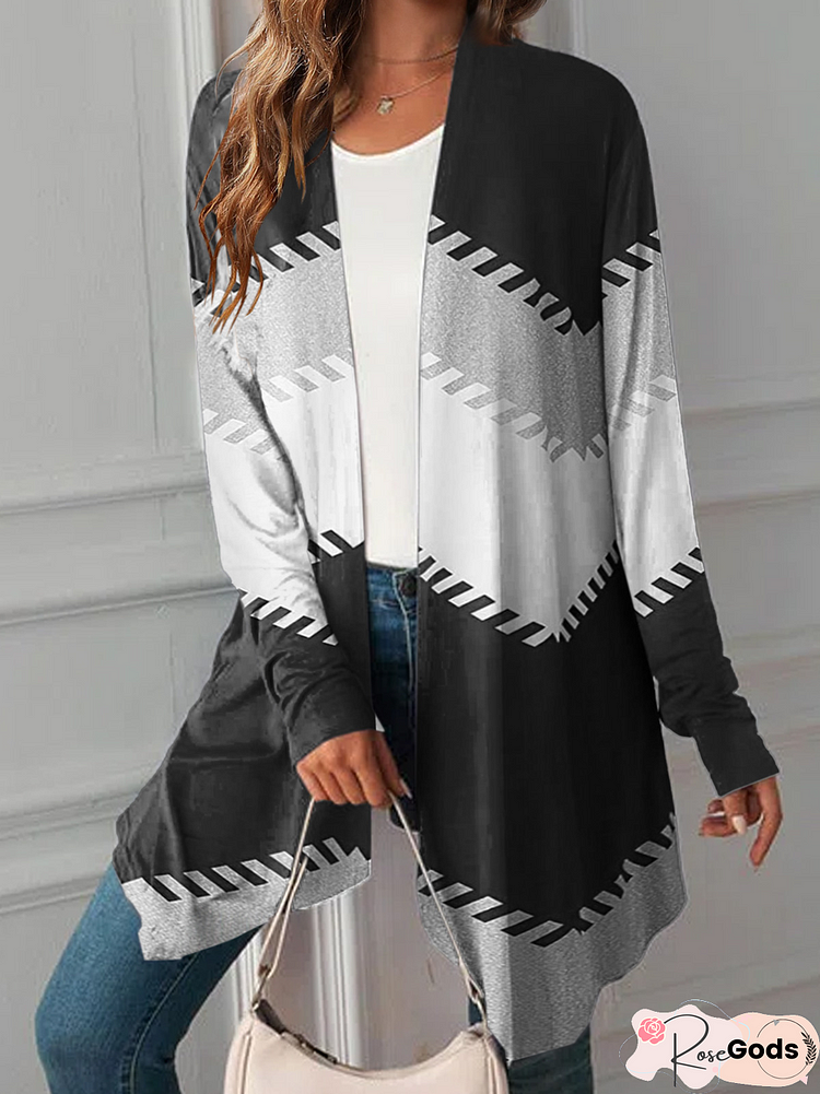 Casual Geometric Print Open Front Black Coat