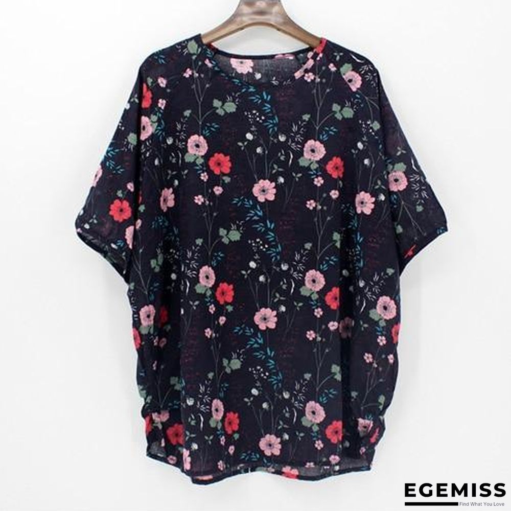 4XL Plus Size Women Batwing Casual Tops Tees Floral Print Cotton Linen Blouses | EGEMISS
