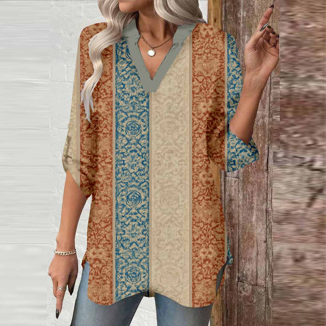 Women Floral, Blue, Patchwork DZGA0036 3/4 Sleeve V-neck Printed Graphic Button Tops