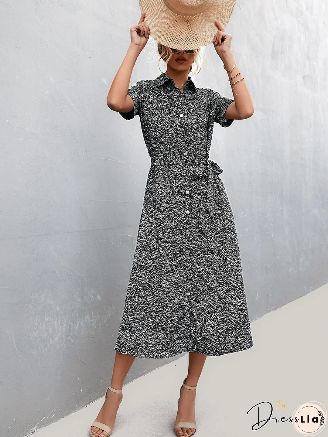 Printed Tie Waist Short Sleeve Shirt Dress