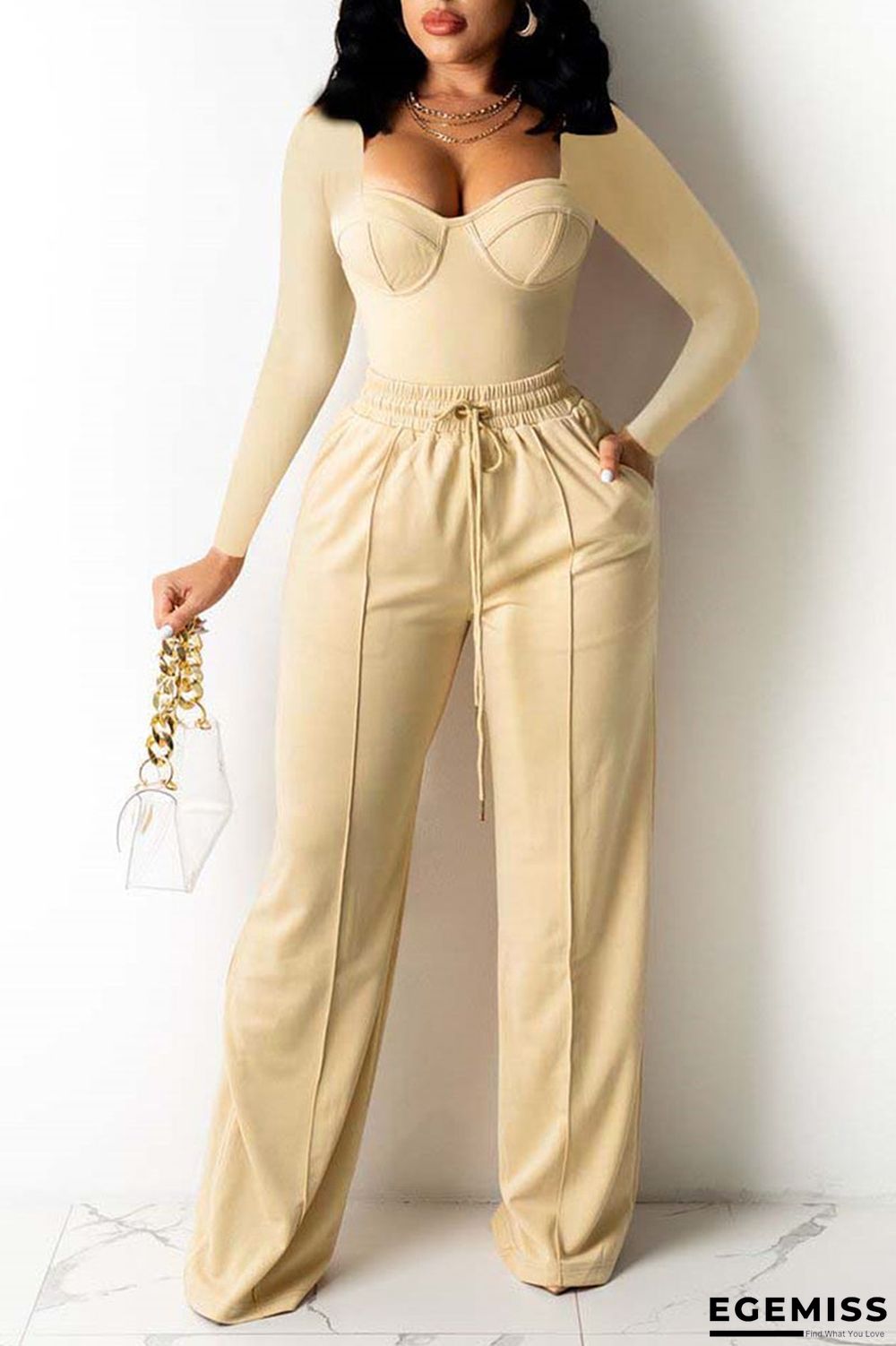 Beige Casual Solid Patchwork Square Collar Long Sleeve Two Pieces | EGEMISS