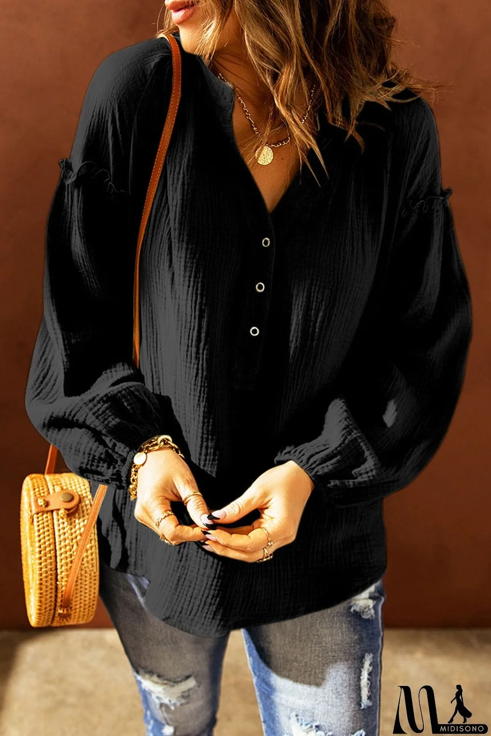 MidiSono - Black Casual Crinkled Blouse Top