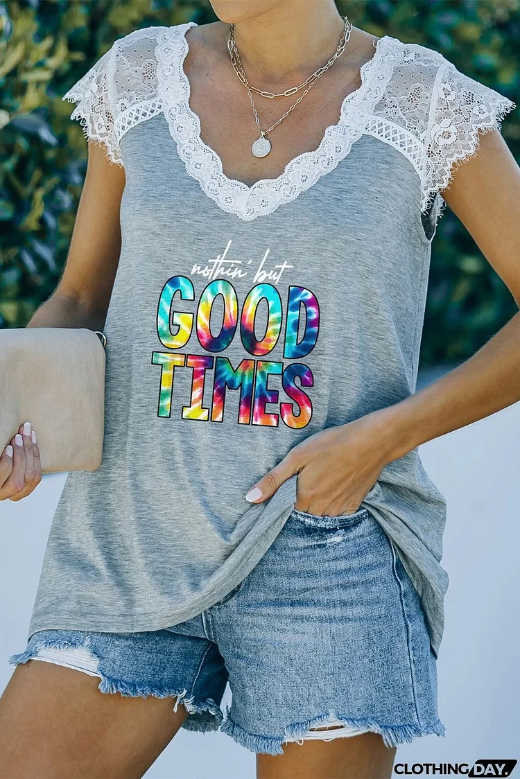 Lace Trim V-Neck NOTHIN BUT GOOD TIMES Graphic Tee