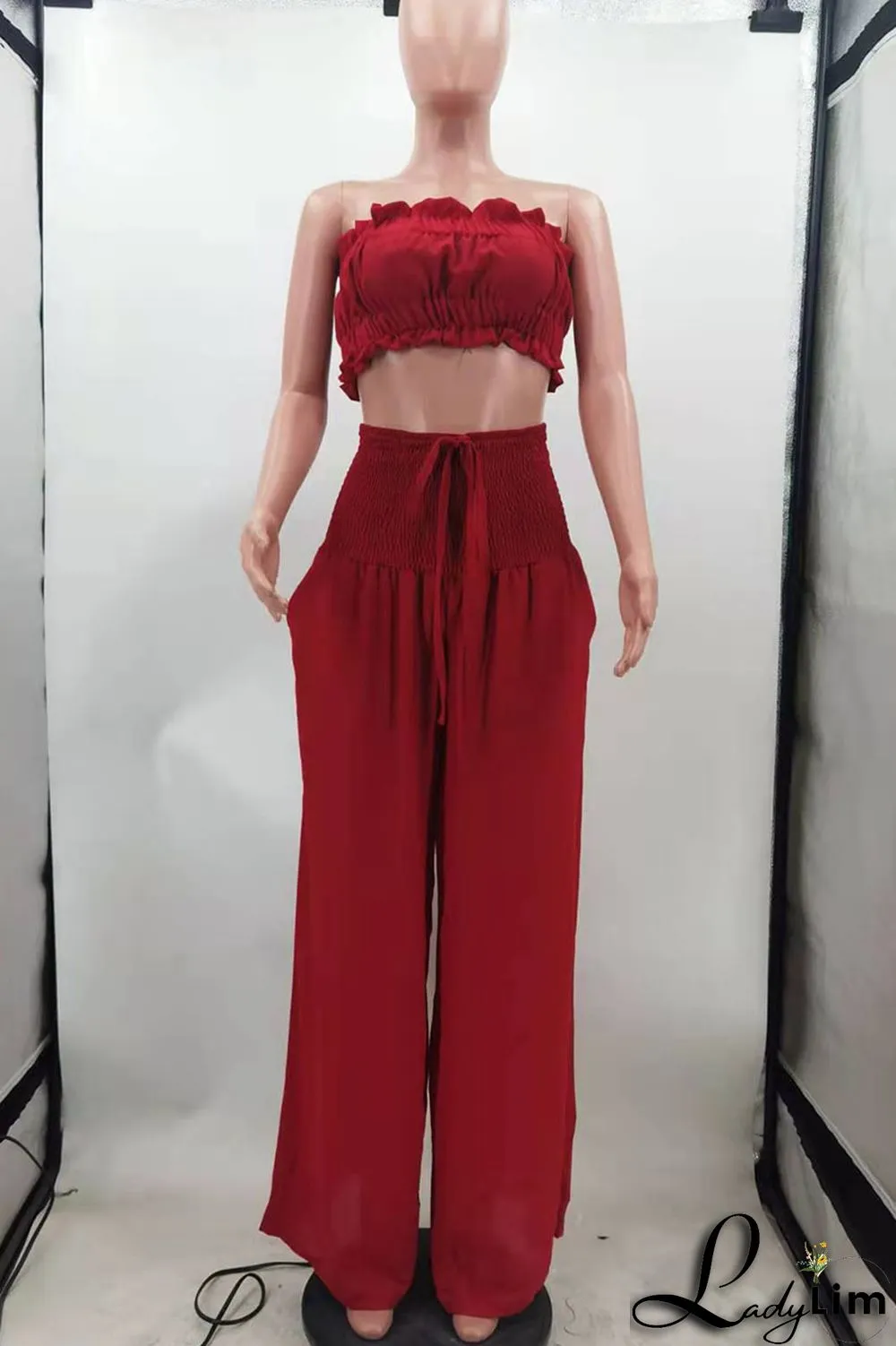 Red Sexy Solid Split Joint Stringy Selvedge Strapless Sleeveless Two Pieces