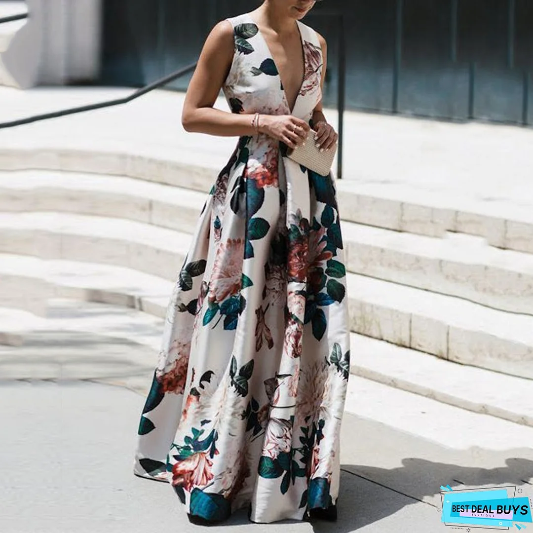 Autumn And Winter Sexy V-Neck Print Sleeveless High Waist Evening Dress