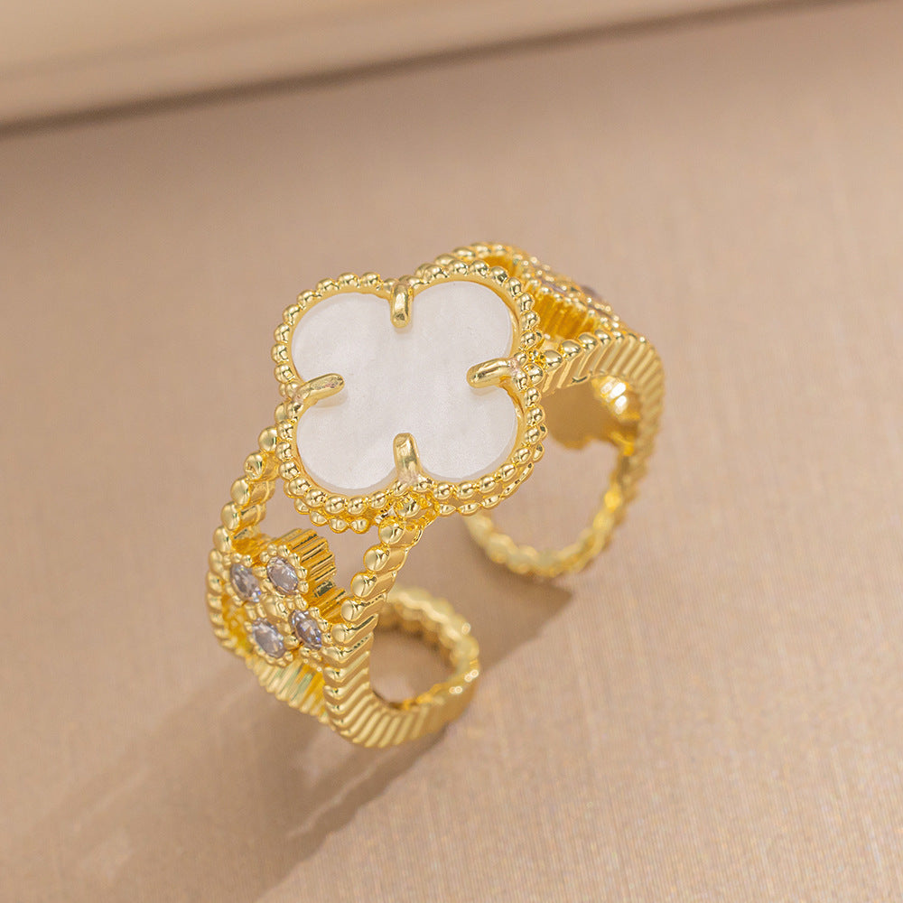 Ring Niche Four-Leaf Clover Zircon Ring Female Retro Open Adjustable Ring