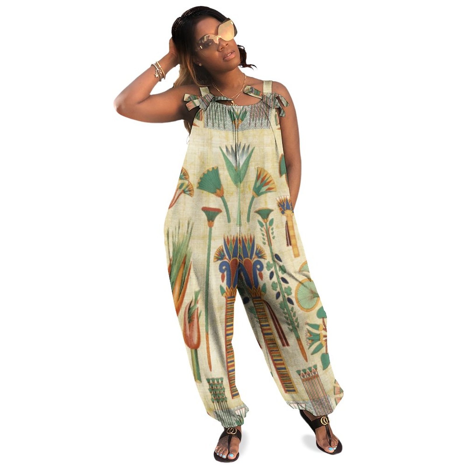 Egyptian Floral Papyrus Plus Size Women Rompers Summer Casual Loose Dressy Jump Suit Long Jumpsuit Boho Natural Waist Pockets Polyester Spandex