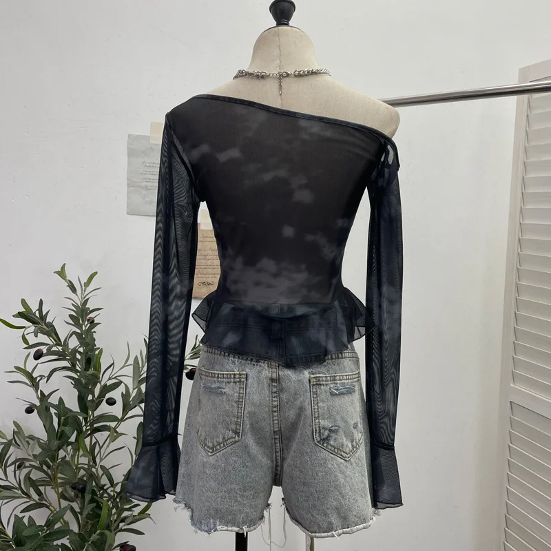Uveng Millennial Y2k Babes Oblique Shoulder Thin Mesh Print Top Irregular Lotus Leaf Side Ribbon Short T-Shirt 6608