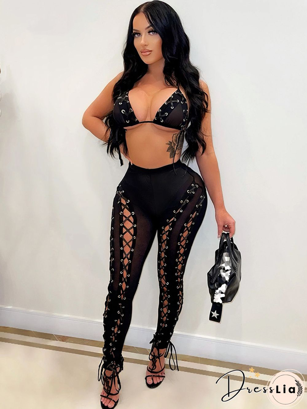 Hollow Out Bandage Mesh See Through Bikini TopsAnd Pencil Pants Two Piece Set Woman Summer Sexy Party Club Outfits
