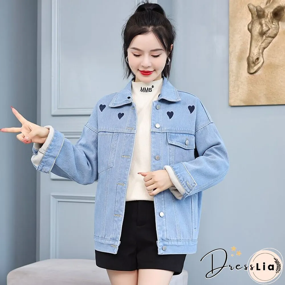 Heart Print Denim Jacket Women Winter Fashion Fur Collar Jeans Students Casual Thick
