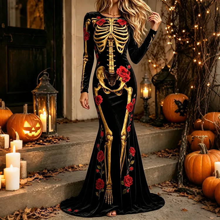 Women's Halloween Skull Rose Print Velvet Dress