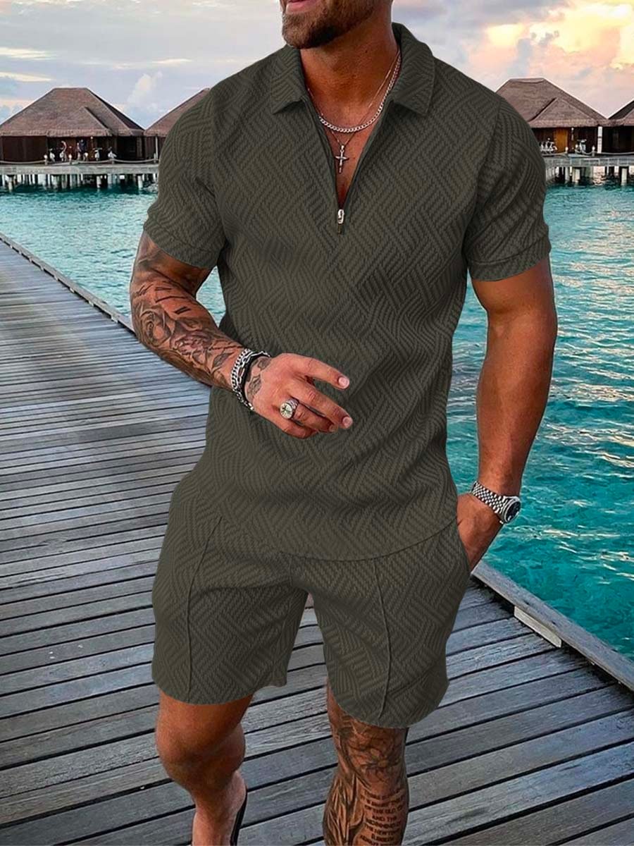 Men's Seaside Leisure Green Printing Polo Suit