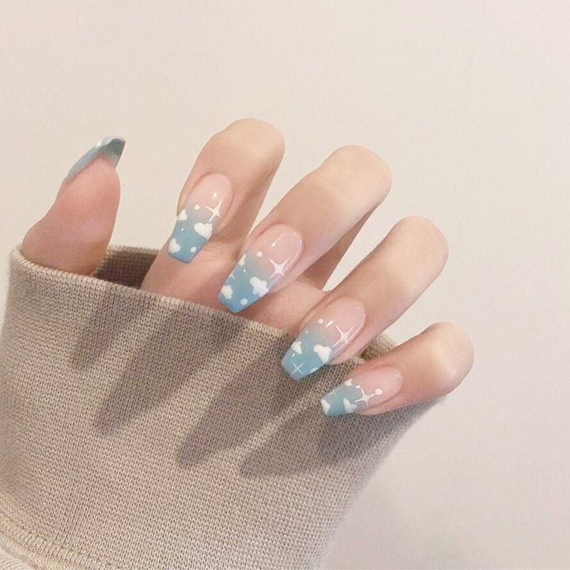 24pcs press on nails coffin Blue Clouds  Wear Long Paragraph Fashion Manicure Patch False Nails Save Time Wearable Nail Patch TY