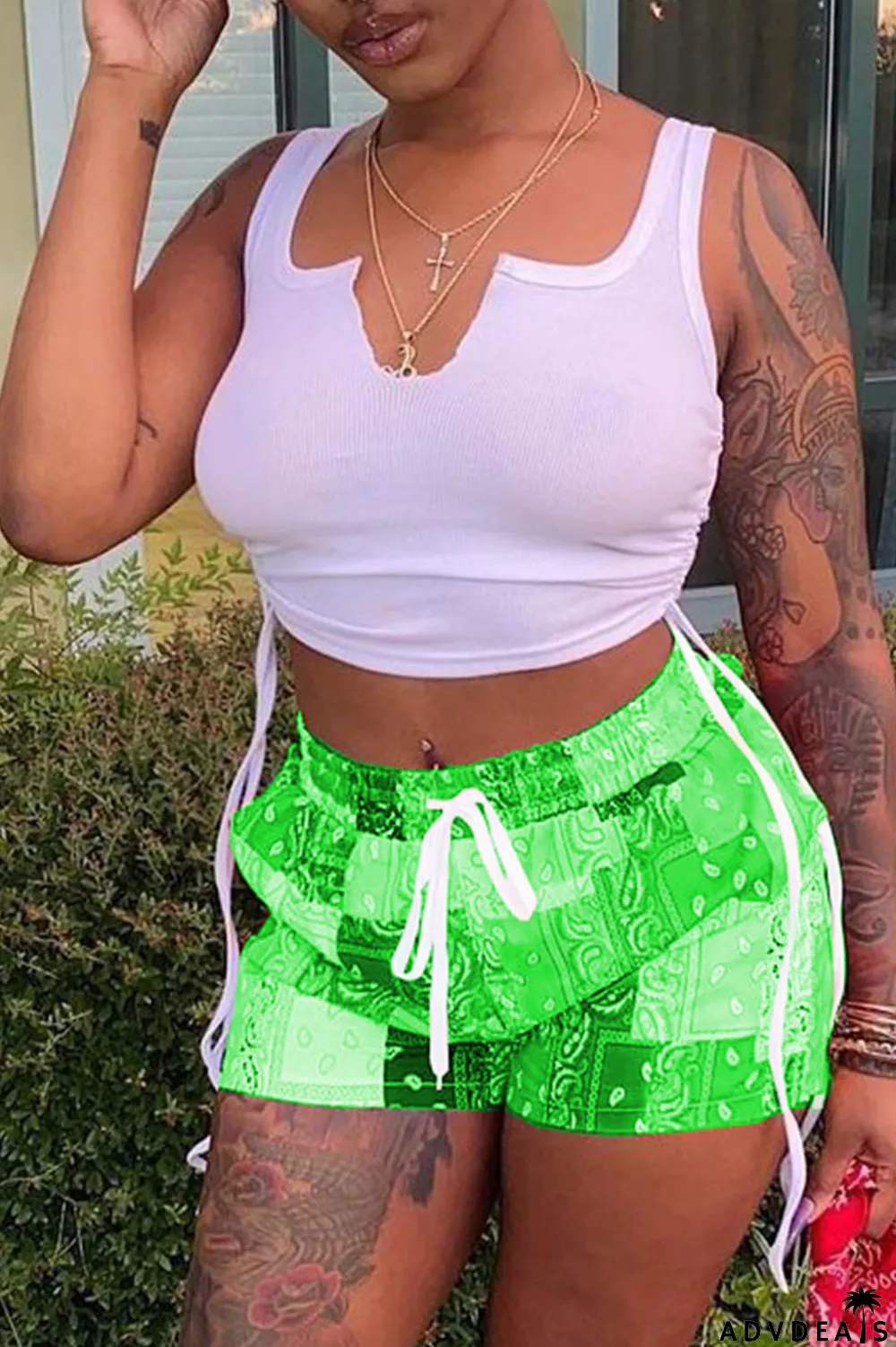 Grey Sexy Print Ripped Contrast Spaghetti Strap Sleeveless Two Pieces