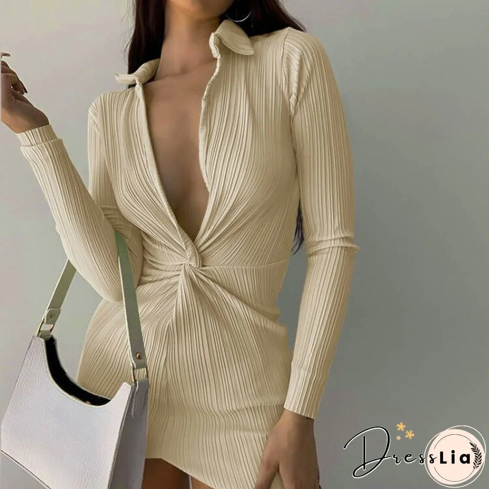 Autumn Fashion Turn-Down Collar Shirt Dress Ruched Sexy V Neck Long Sleeve Button Up Mini Dresses