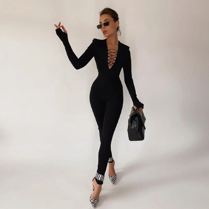Abebey Solid V Neck Long Sleeves With Shoulder Pads Bodycon Jumpsuit  Autumn Winter Women Fashion Elegant Club Y2K Sport