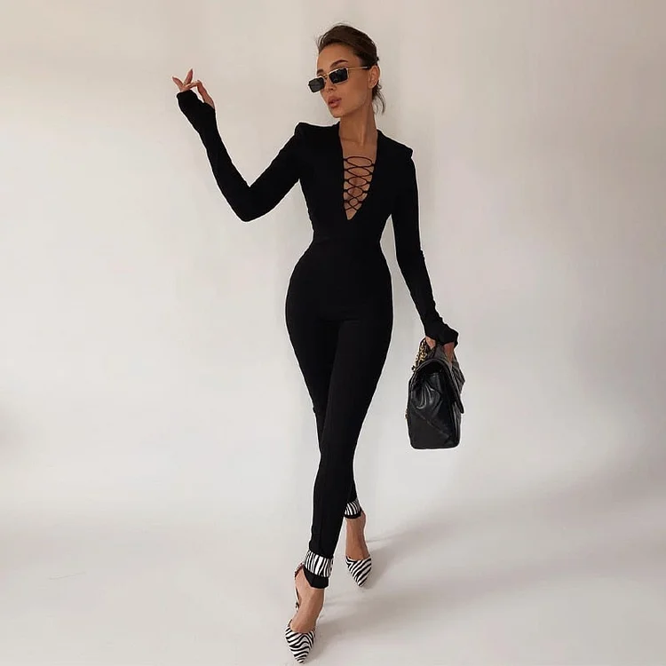 Hugcitar Solid V Neck Long Sleeves With Shoulder Pads Bodycon Jumpsuit 2021 Autumn Winter Women Fashion Elegant Club Y2K Sport