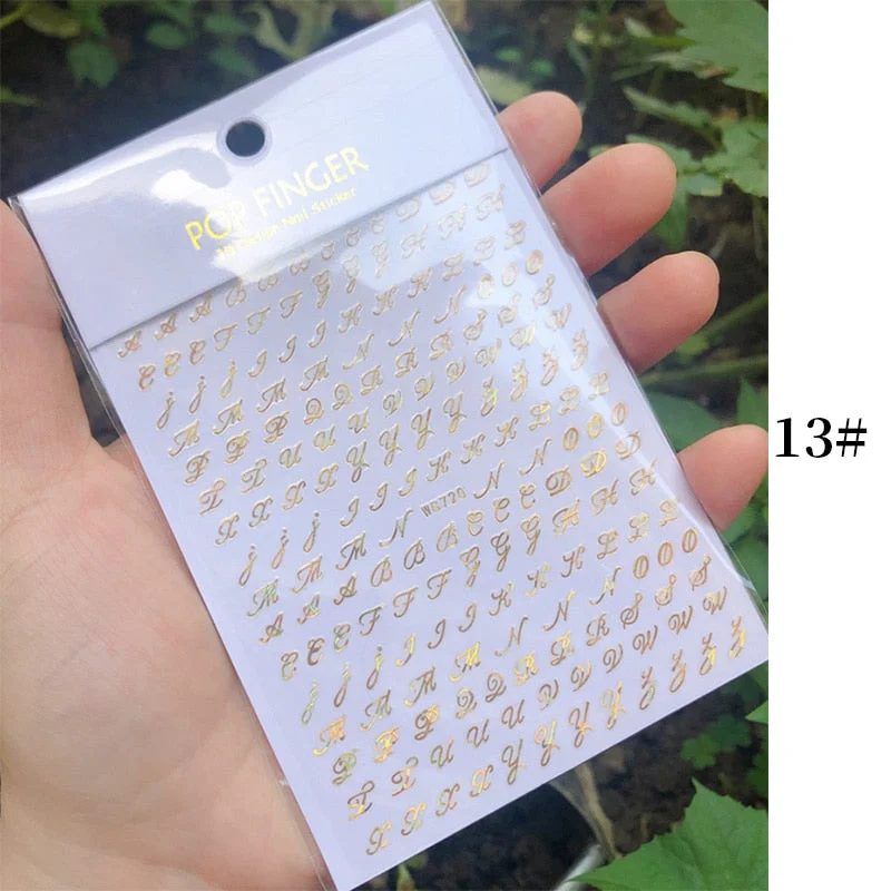 1 Sheet New Roman English Alphabet Number 3D Nail Stickers Christmas Animals iridescent Gold Silver Word Small Letters Nail