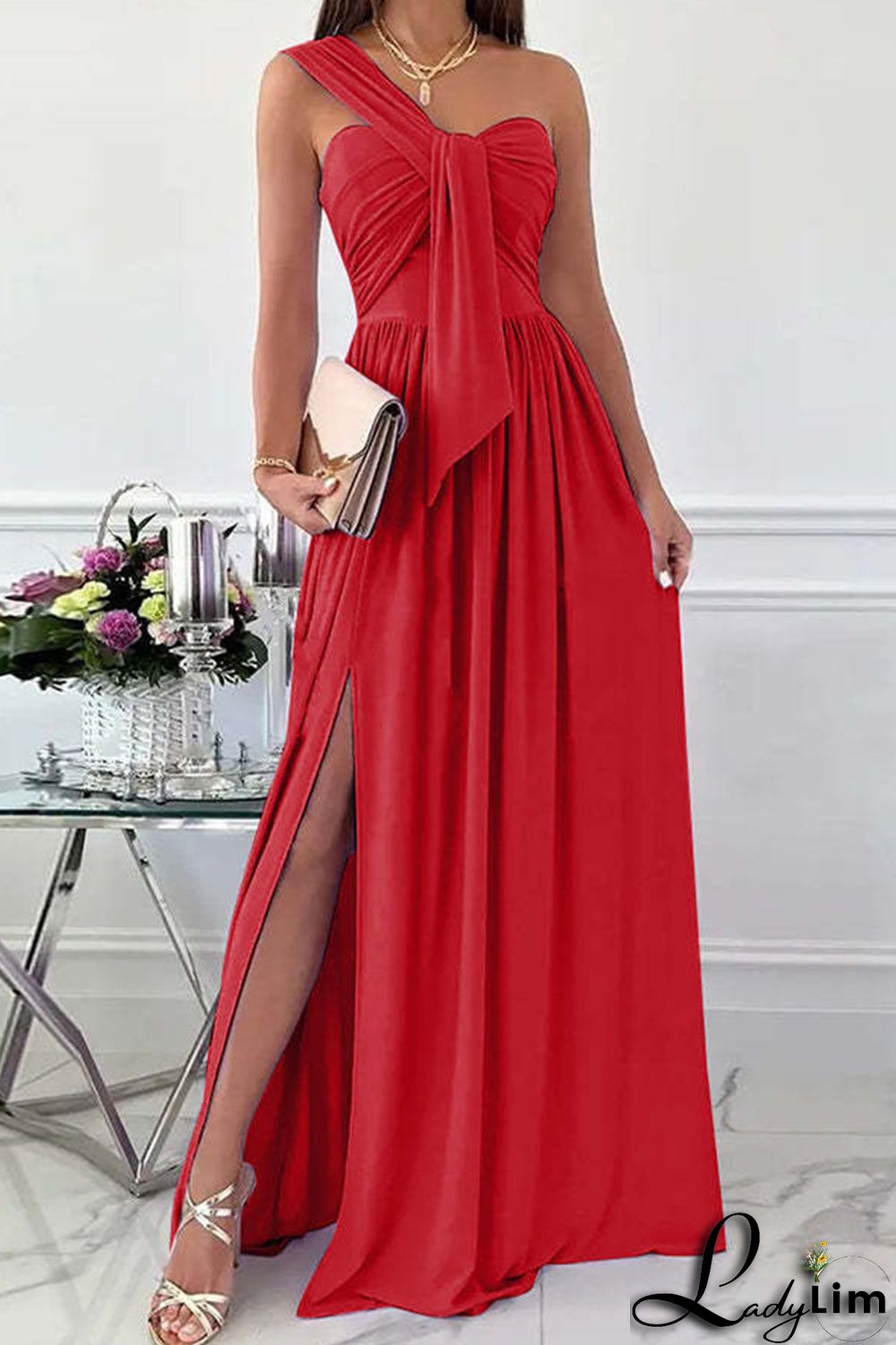 Green Fashion Sexy Solid Patchwork Backless Slit One Shoulder Evening Dress Dresses