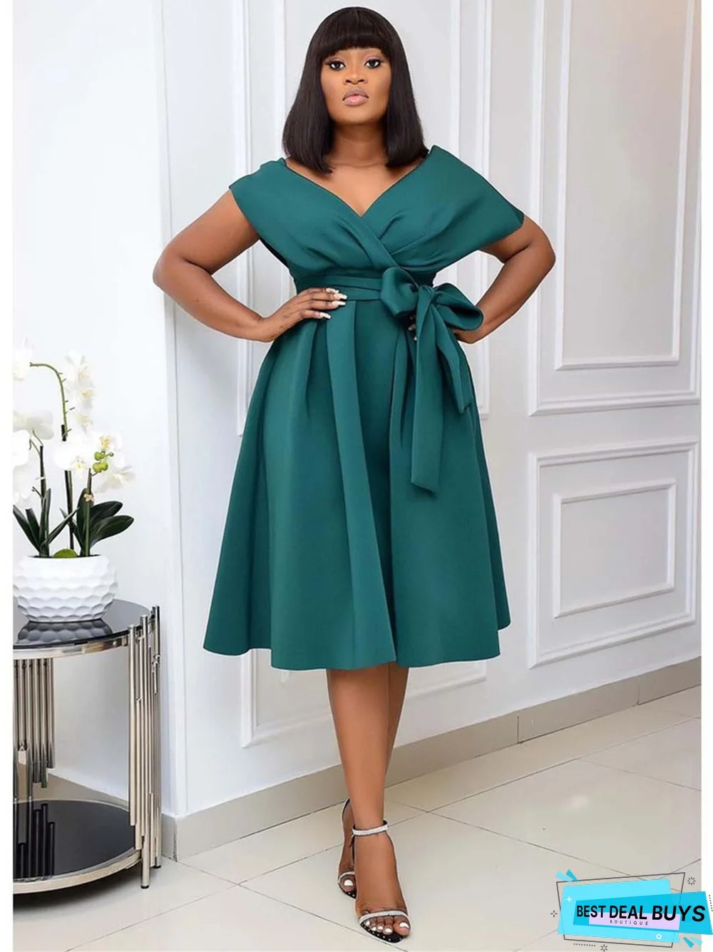 Large Women's Short Sleeve V-Neck Off Shoulder Evening Dress Black Dresses