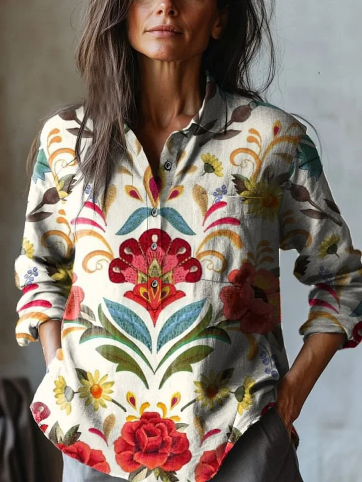 Symmetrical Tropical Floral Pattern Printed Women's Casual Cotton And Linen Shirt